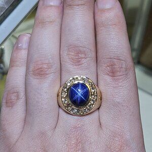 10K Yellow Gold Lab Created 6CT Star Sapphire & Diamond Halo Ring Size 8.25